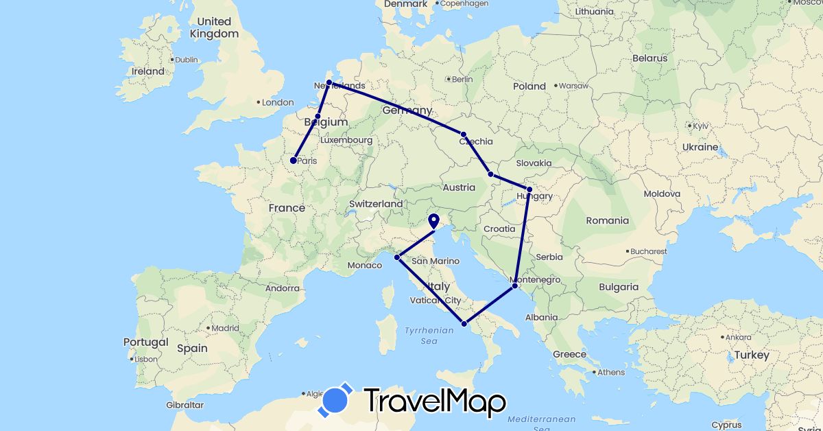 TravelMap itinerary: driving in Austria, Belgium, Czech Republic, France, Croatia, Hungary, Italy, Netherlands (Europe)